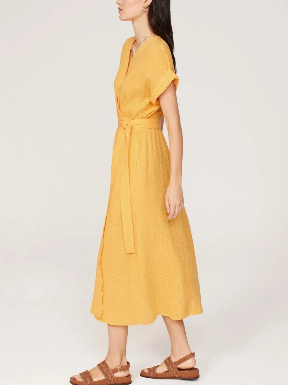Marine Layer Valencia Wrap Midi Dress Marigold golden yellow cotton gauze Large